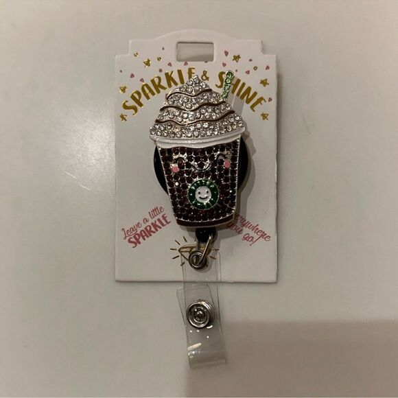 Clip-on ID Key Holder Iced Coffee Bitter Sweet Logo Brown Silver Charm Reel - Picture 1 of 6